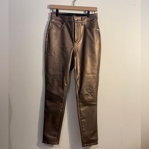 Express high rise faux - leather cheeky jeans in a metallic bronze color